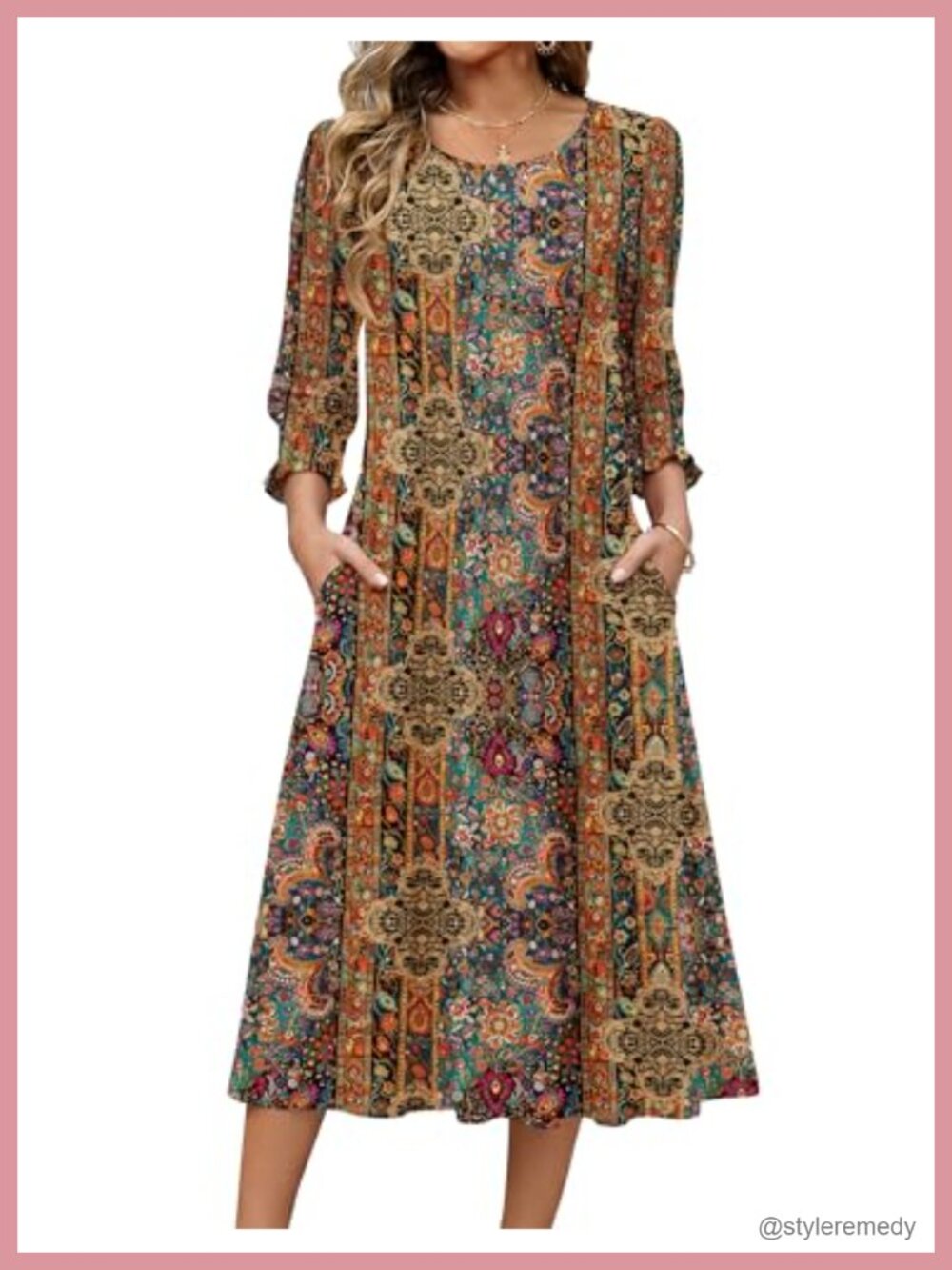 Zeagoo 3/4 Sleeve Floral Midi Dress Casual A-Line with Pockets